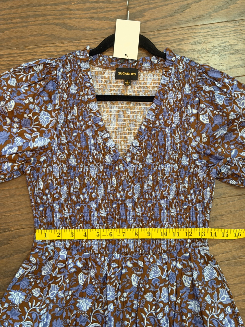 Sugarlips Bruceton Floral Brenty Smocked Midi Dress Brown Blue Size Medium NWT - Picture 10 of 10